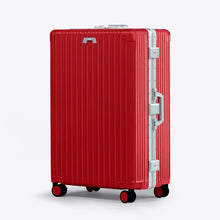 Load image into Gallery viewer, Angled front view of the red suitcase. 

