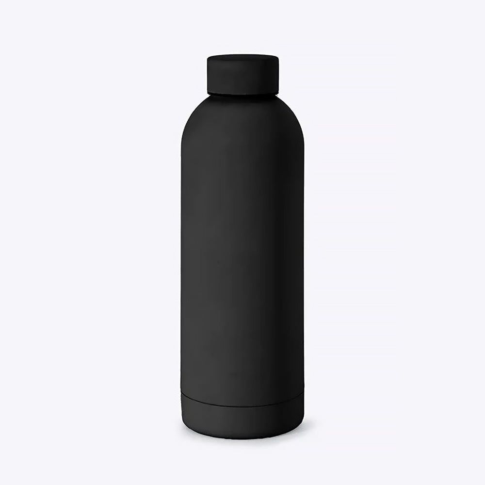 Black water bottle on a white background.