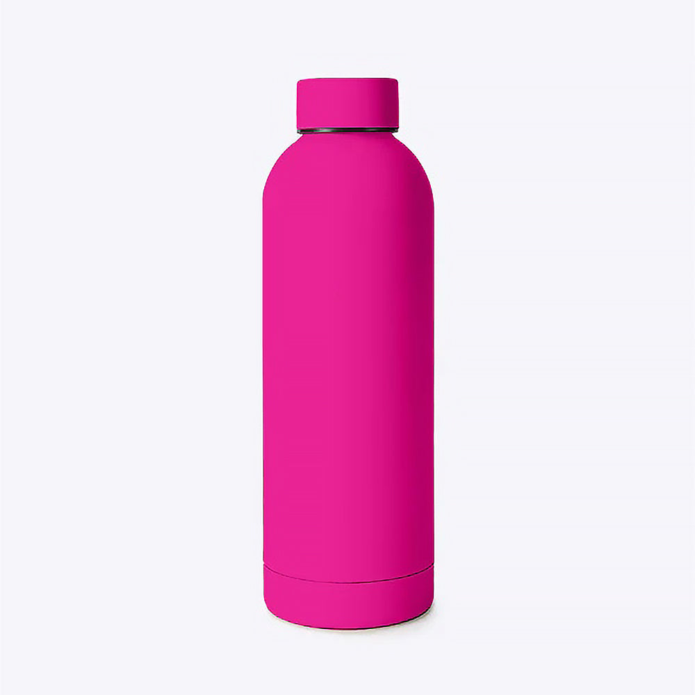 Hot pink water bottle on a white background.