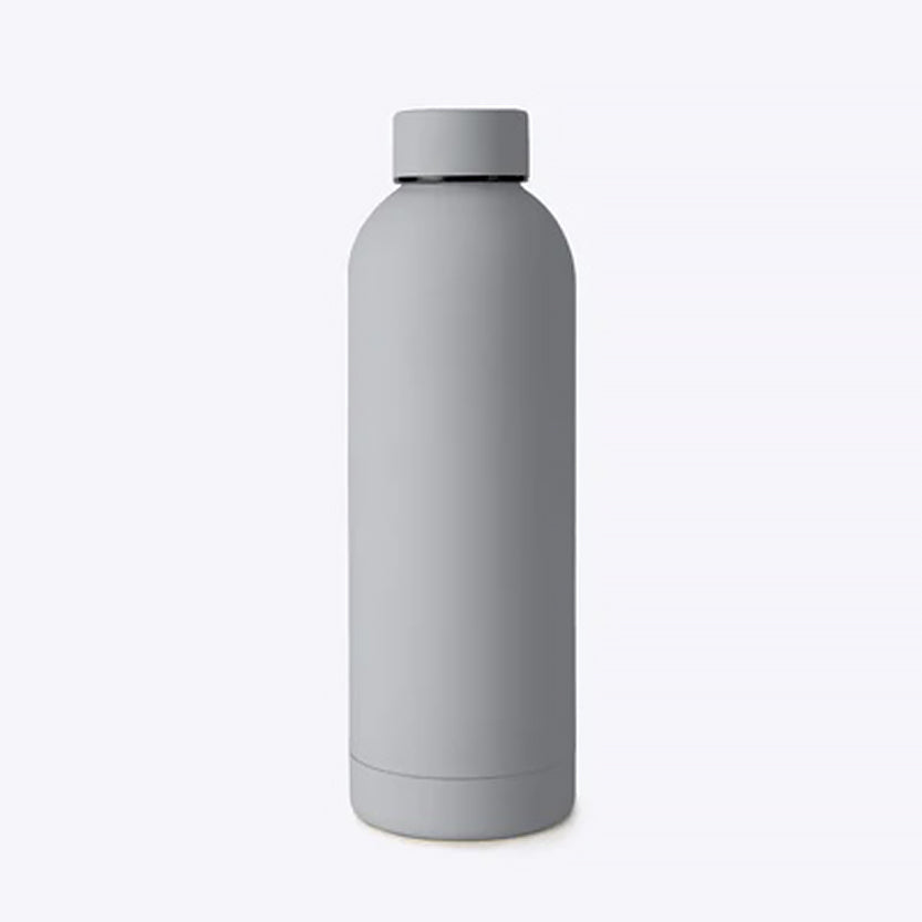 Silver colored water bottle on a white background.