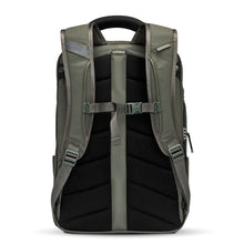 Load image into Gallery viewer, Back panel view of the olive green backpack with the sternum strap attached.
