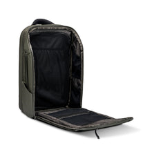 Load image into Gallery viewer, Angled interior view of the main compartment in the olive green backpack. 
