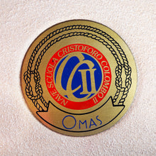 Load image into Gallery viewer, Close up to the badge inside the presentation box with text: NAVE SCUOLA CRISTOFORO COLOMBO II, OMAS

