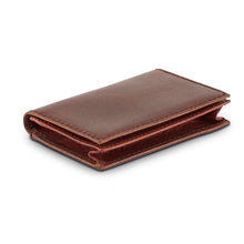 Load image into Gallery viewer, Angled view of the brown leather wallet. 
