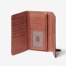 Load image into Gallery viewer, Interior view of the clutch wallet with multiple credit card compartments and a pocket for bills. 
