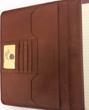 Load image into Gallery viewer, Close up to the left interior of the writing pad. It features document and business card compartments. 
