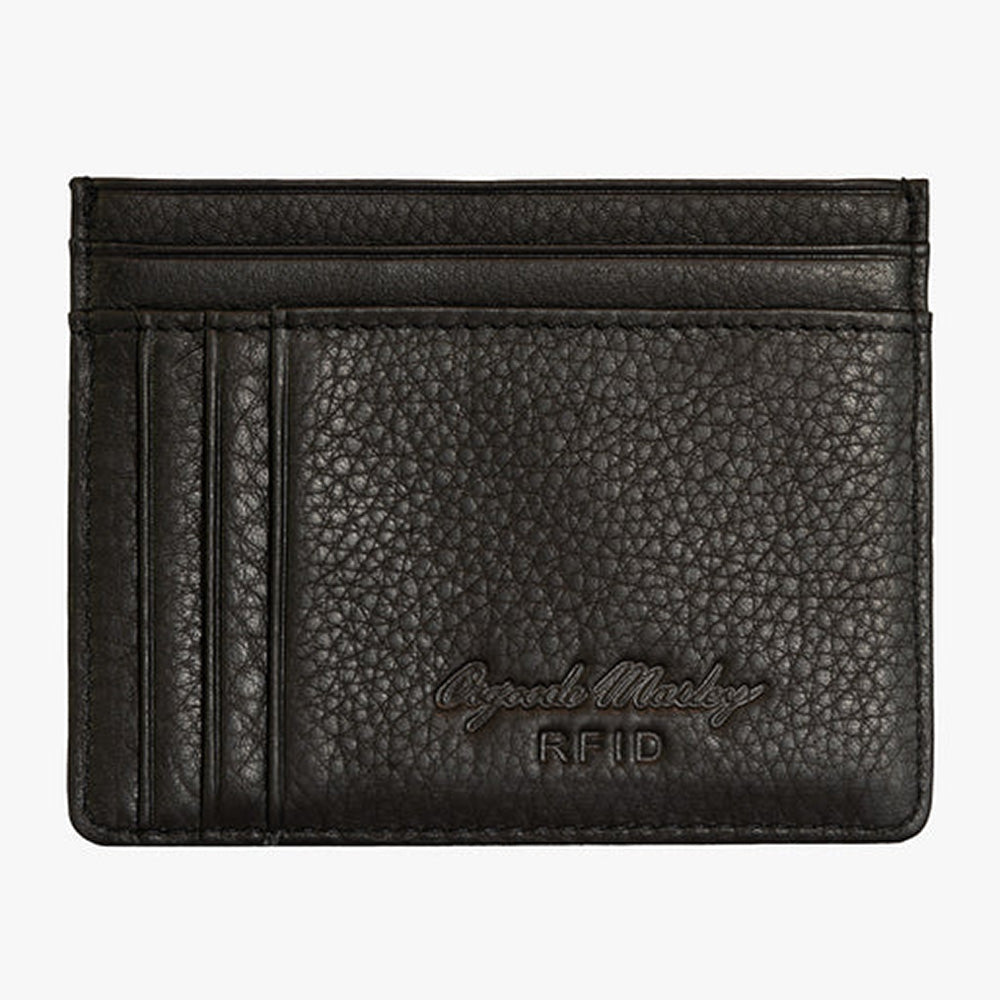 Front view of the black card wallet with Osgoode Marley RFID embossing. 