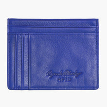 Load image into Gallery viewer, Front view of the blue card wallet with Osgoode Marley RFID embossing. 
