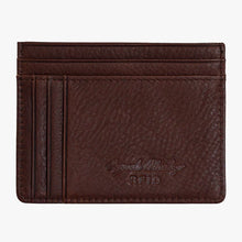 Load image into Gallery viewer, Front view of the espresso brown card wallet with Osgoode Marley RFID embossing. 
