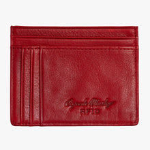 Load image into Gallery viewer, Front view of the garnet red card wallet with Osgoode Marley RFID embossing. 

