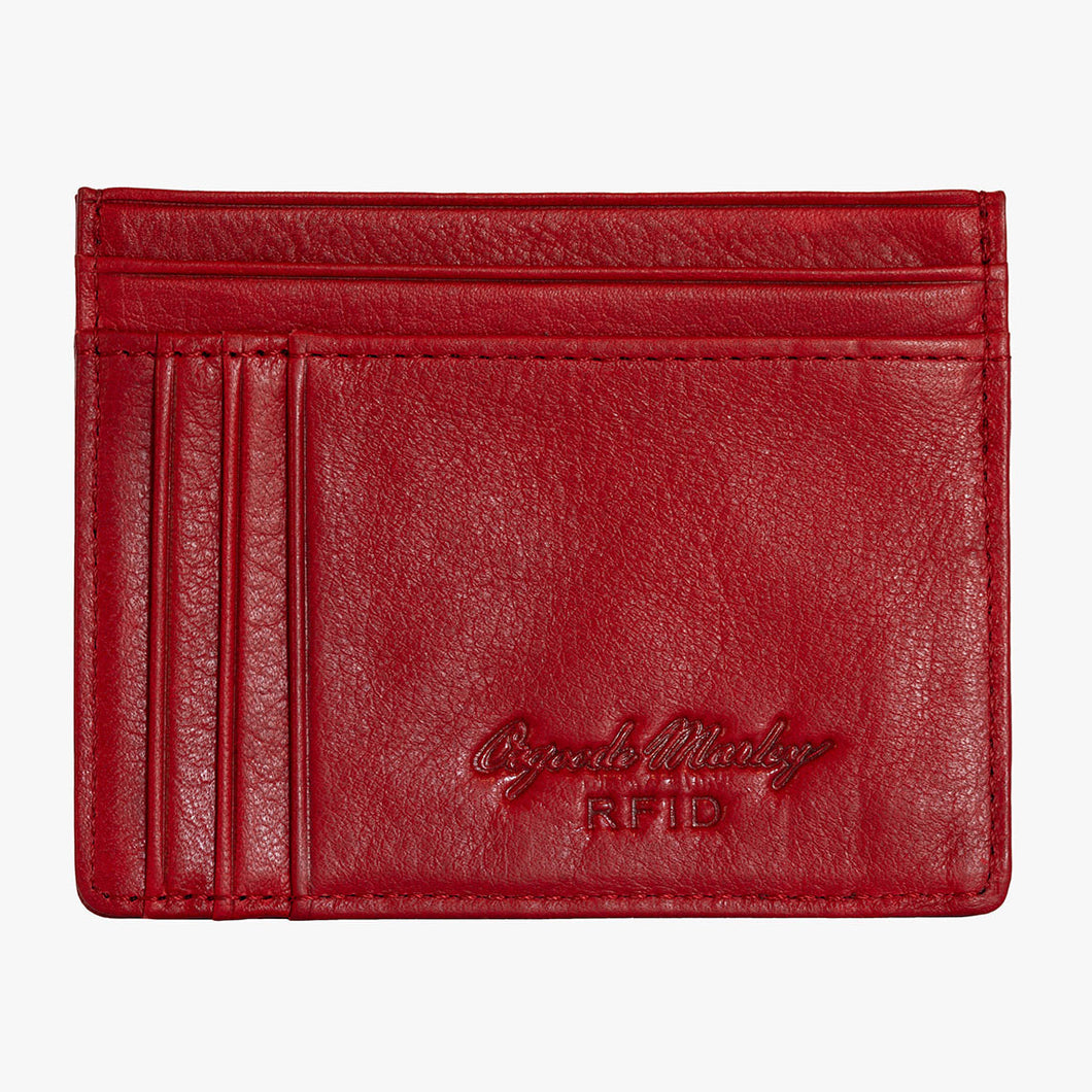 Front view of the garnet red card wallet with Osgoode Marley RFID embossing. 