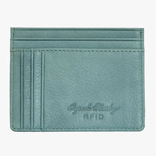 Load image into Gallery viewer, Front view of the teal card wallet with Osgoode Marley RFID embossing. 
