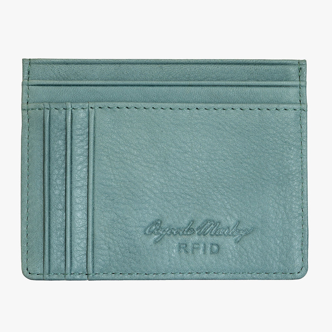 Front view of the teal card wallet with Osgoode Marley RFID embossing. 