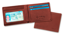 Load image into Gallery viewer, Interior and exterior view of two tan leather wallet. 
