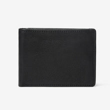 Load image into Gallery viewer, Front view of the black leather wallet. 
