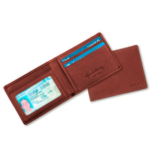 Load image into Gallery viewer, Interior and front views of the brandy lather wallet. 
