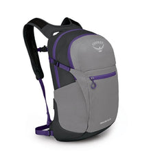 Load image into Gallery viewer, Angled front view of the medium charcoal grey backpack with purple accents.

