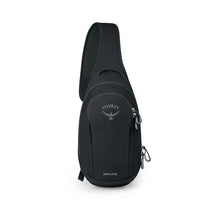 Load image into Gallery viewer, Front panel view of the black sling bag with Osprey logo.
