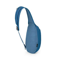 Load image into Gallery viewer, Angled back view of the blue sling bag  with the shoulder strap extended.
