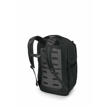 Load image into Gallery viewer, Angled back panel view of a black backpack.
