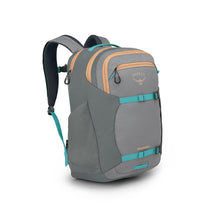 Load image into Gallery viewer, Angled front view of the medium grey coal backpack with blue and light orange accents.
