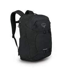 Load image into Gallery viewer, Angled front panel view of the black backpack with the shoulder straps extended.
