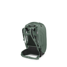 Load image into Gallery viewer, Angled back panel view of the Koseret green pack  with the shoulder and waist straps extended.
