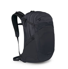 Load image into Gallery viewer, Angled front view of the black backpack with the shoulder straps extended.
