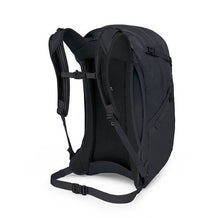 Load image into Gallery viewer, Angled back panel view of the black backpack with the shoulder straps extended.
