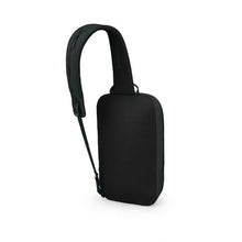 Load image into Gallery viewer, Angled back panel view of the black sling bag with the shoulder strap extended.
