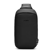 Load image into Gallery viewer, Front panel view of the black sling bag. 

