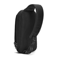 Load image into Gallery viewer, Angled back panel view of the black sling bag. 
