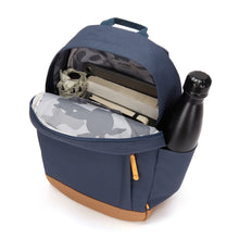 Load image into Gallery viewer, Interior view of the blue backpack with  books and accessories organized in the compartments.
