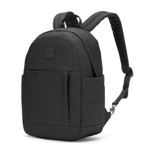 Load image into Gallery viewer, Angled front view of the black backpack with the shoulder straps extended.
