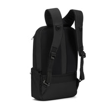 Load image into Gallery viewer, Angled back panel view of the black backpack with the shoulder straps extended. 
