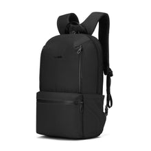Load image into Gallery viewer, Angled front panel view of the black backpack. 
