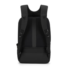 Load image into Gallery viewer, Back panel view of the black backpack with the shoulder straps extended.
