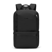 Load image into Gallery viewer, Front panel view of the black backpack with Pacsafe branding.
