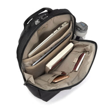 Load image into Gallery viewer, Interior view of the backpack with books, a cellphone, laptop and a tablet tucked into the compartments.
