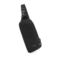 Load image into Gallery viewer, Front panel view of the black sling bag with gray pacsafe logo.
