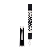 Load image into Gallery viewer, Fountain pen with black and silver design on a white background
