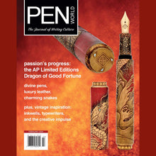 Load image into Gallery viewer, Pen World Magazine: February 2024 issue. The cover features AP Limited Editon&#39;s Dragon of Good Fortune on a vibrant red background with a brief summary of what the reader can be excited to read about: divine pens, luxury leather, charming snakes, plus vintage inspiration: inkwells, typewriters, and the creative impulse.
