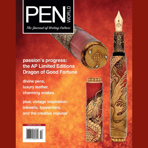 Pen World Magazine: February 2024 issue. The cover features AP Limited Editon's Dragon of Good Fortune on a vibrant red background with a brief summary of what the reader can be excited to read about: divine pens, luxury leather, charming snakes, plus vintage inspiration: inkwells, typewriters, and the creative impulse.