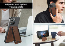 Load image into Gallery viewer, Three views of the tracker attached to a phone in use while on a call, and as a stand.
