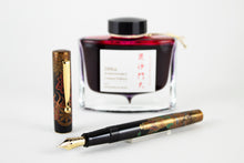 Load image into Gallery viewer, The Bishamonten Fountain Pen arranged with the Red ink bottle behind it. 
