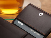 Load image into Gallery viewer, Close up to the credit card compartment on the flap of the Pularys Boston brown leather wallet.
