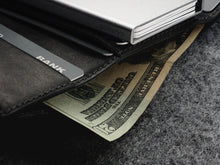 Load image into Gallery viewer, Close up to the stitching hear the cash bills compartment. 
