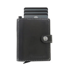 Load image into Gallery viewer, Front panel view of the wallet with a set of credit cards peeking from the lever case. 

