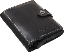 Load image into Gallery viewer, Angled view of the black wallet with Retro 51 engraving. 
