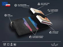 Load image into Gallery viewer, Interior view of the wallet with labeled parts: Pull mechanism for cards ejecting, anti-theft RFID protection, elastic band cash pocket, space for 7 cards, 2 leather pockets, snap closure. 
